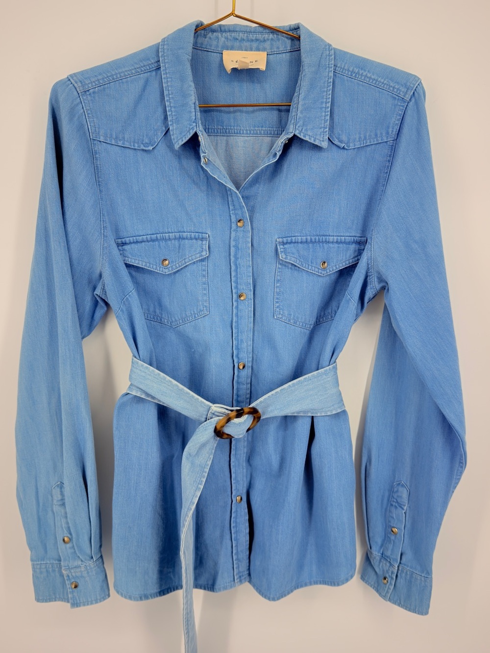 Sézane Denim Chambray Belted Shirt Jacket Blue Size 40 US 8 Large